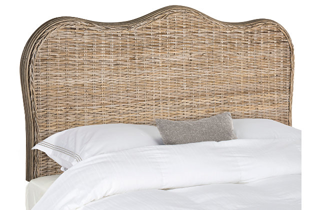 This classic-size camelback headboard is refreshed with the handcrafted look and texture of woven Kubu rattan in pretty gray tones, with rattan poles and hardwood details. This versatile headboard can be dressed up or down for city or country homes.Made of woven rattan in gray tones | Hardwood details | Headboard only | Assembly required