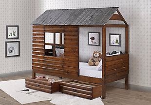 Donco Kids Twin Log Cabin Low Loft In Rustic Walnut/Rustic Silver W/Dual Uderbed Drawers, , rollover