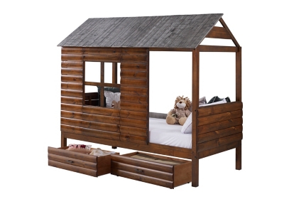 Donco Kids Twin Log Cabin Low Loft In Rustic Walnut/Rustic Silver W/Dual Uderbed Drawers, , grid