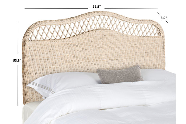 Choose this intricately woven, whitewashed rattan headboard for a feminine look in coastal and country bedrooms. Crafted in a combination of rattan and hardwoods, the allover weave and camelback design are spiffed up with airy open trellis work.Made of rattan and hardwoods in whitewashed tones | Allover weave with open trellis work | Headboard only | Assembly required