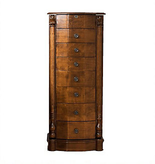 Stately and elegant, the Antoinette Standing Jewelry Armoire is a Hives & Honey favorite. The rich walnut finish beautifully accentuates the natural wood grain, while antiqued brass drawer pulls and decorative trim work adds sophistication to this piece, making it look like an expensive family heirloom. 7 spacious pull out drawers feature various divided compartments, ensuring that there is a place for everything in your extensive jewelry collection. 2 hidden doors found on either side of the Antoinette offer a convenient place to store necklaces while keeping them tangle-free. If you have go-to pieces, keep them in the locking top compartment for easy access, which features ring rolls, divided compartments, and a vanity mirror.Made with wood | Antiqued walnut finish | Finish is hand-applied in a multi-step process by a team of artisans | 7 drawers are lined and padded | Drawers with separated compartments | Lift the lid to reveal a mirror, divided compartments and ring rolls | Lock and key feature | Assembly required