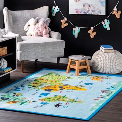 B600005477 nuLOOM Animal World Map Rug, Baby Blue sku B600005477