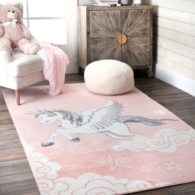 nuLOOM Emmie Flying Unicorn Nursery Rug, Pink, rollover