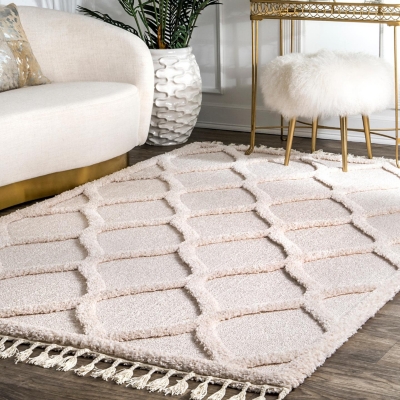 nuLOOM Raised Ogee Trellis Nursery Rug, Ivory, rollover