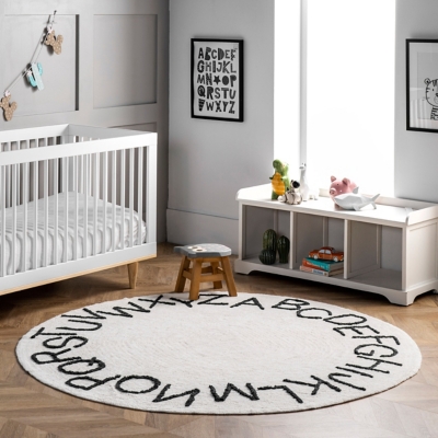 nuLOOM Kids Washable Round Alphabet Rug, Ivory, large