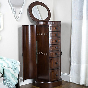 The ultimate storage solution, the Sabrina armoire houses everything you could possibly need tucked away and protected.Made with wood | Anti-tarnish felt lining | 7 pull-out drawers; 3 with divided compartments and 4 with open storage divided drawers | 10 necklace hooks within each side door | Top lid compartment showcases a vanity mirror and ring rolls | Assembly required