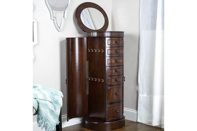 The ultimate storage solution, the Sabrina armoire houses everything you could possibly need tucked away and protected.Made with wood | Anti-tarnish felt lining | 7 pull-out drawers; 3 with divided compartments and 4 with open storage divided drawers | 10 necklace hooks within each side door | Top lid compartment showcases a vanity mirror and ring rolls | Assembly required