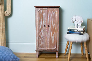The Cabby Jewelry Armoire is the kind of furniture piece that makes you excited to get dressed up. Not only is it pretty to have around, this jewelry storage solution neatly organizes all the accessories you own, like necklaces, earrings, rings, and more. The rustic ceruse oak is complemented by an antiqued finish, and the inside is y lined in an attractive natural linen. The French-style doors with bronze hardware open to reveal seven divided storage drawers. On the top, the hinged lid lifts to a convenient mirror and more storage. On the side, you’ll find 16 necklace hooks. This jewelry armoire has so much space inside, you could even store cards, notes, lingerie and other keepsakes.Made of wood and solid wood veneer | Lined with linen | Top lid lifts to reveal additional storage, ring rolls and a frame mirror | 7 storage drawers; 3 drawers with divided compartments, 4 drawers include open storage | 16 necklace hooks on sides of doors | Assembly required