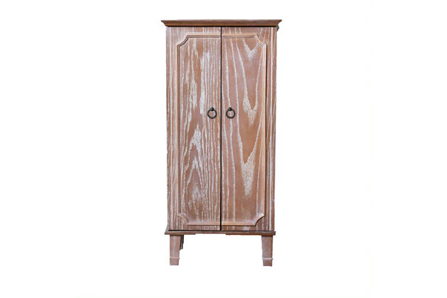 The Cabby Jewelry Armoire is the kind of furniture piece that makes you excited to get dressed up. Not only is it pretty to have around, this jewelry storage solution neatly organizes all the accessories you own, like necklaces, earrings, rings, and more. The rustic ceruse oak is complemented by an antiqued finish, and the inside is y lined in an attractive natural linen. The French-style doors with bronze hardware open to reveal seven divided storage drawers. On the top, the hinged lid lifts to a convenient mirror and more storage. On the side, you’ll find 16 necklace hooks. This jewelry armoire has so much space inside, you could even store cards, notes, lingerie and other keepsakes.Made of wood and solid wood veneer | Lined with linen | Top lid lifts to reveal additional storage, ring rolls and a frame mirror | 7 storage drawers; 3 drawers with divided compartments, 4 drawers include open storage | 16 necklace hooks on sides of doors | Assembly required