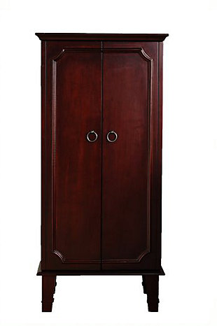 Have you been looking for a fully locking jewelry Armoire…well here it is!! The Carlson Jewelry Armoire organizes your necklaces, earrings, rings, wallets, clutches and more. Made as a one-of-kind piece you’ll fall in love with the French-style doors, bronze hardware and antiqued finish.Made with wood | Lined with linen | Top lid lifts to reveal additional storage, ring rolls and a full frame mirror | 7 storage drawers; 3 drawers with divided compartments, 4 drawers include open storage | 16 necklace hooks on sides of doors | Assembly required