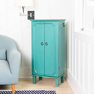 Have you been looking for a fully locking jewelry armoire…well you have found it. The Cabby Jewelry Armoire is the kind of furniture piece that makes you excited to get dressed up. Not only is it pretty to have around, this jewelry storage solution neatly organizes all the accessories you own, like necklaces, earrings, rings, and more. The rich turquoise color is complemented by an antiqued finish, and the inside is fully lined in an attractive natural linen. The French-style doors with bronze hardware open to reveal seven divided storage drawers. On the top, the hinged lid lifts to a convenient mirror and more storage. On the side, you’ll find 16 necklace hooks. This jewelry armoire has so much space inside, your storage is endless.Made with wood | Lined with linen | Top lid lifts to reveal additional storage, ring rolls and a full frame mirror | 7 storage drawers; 3 drawers with divided compartments, 4 drawers include open storage | 16 necklace hooks on sides of doors | Assembly required