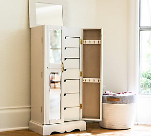 Behind every attractive woman is a little bit of mystery. (Like, how in the world does she organize all her accessories?!) The Chelsea Jewelry Armoire can be your little secret to achieving that enigma. The mirrored doors and inside vanity mirror combined with the abundance of storage space makes getting ready a cinch. The white finish, French doors, and polished hardware give this storage solution an alluring appeal. Its organizational abilities are pretty straightforward—handy divided compartments on top and inside each of the seven drawers and 16 necklace hooks on each side. The anti-tarnish felt lining ensures your prized possessions are kept preserved and pristine. Take the stress out of looking your best with this jewelry storage armoire.Made with wood | Top lid opens to reveal a vanity mirror and cord management hole | Both front mirrored doors open to display 8 necklace hooks on each | 7 drawers | Interior is lined with plush felt | Assembly required