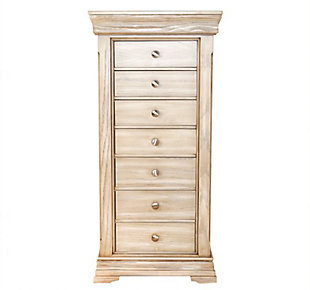 How about the Haley Jewelry and Accessories Armoire? It’s a large, organizational workhorse! It has 7 spacious felt-lined, smartly organized drawers and large hidden side cabinets for necklaces (8 hooks per side). The hinged and mirrored lid paired with our patented pull-out functionality allows you to easily access the additional storage compartments and soft ring rolls. The perfectly finished in taupe mist gives each Haley armoire its very own look, so you’ll feel like you have a unique piece of furniture. In addition, the beautiful brass “bar-pull” drawer hardware creates a classic, clean design makes the Haley Jewelry and Accessory Armoire stand out in any roomMade with wood | Fully lined in anti-tarnish felt | 7 spacious and smartly organized drawers | Large hidden side cabinets for necklaces; 8 hooks per side | Assembly required