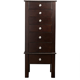 A place for everything and everything in its place—that’s just what the Hannah Jewelry Armoire will do for all your accessories. The Hannah Jewelry Armoire is the perfect home for your growing jewelry collection. Made with wood | Faceted drawer pulls | Beaded trim | Hinged lid lifts to reveal a vanity mirror, ring rolls and divided compartments | Side doors equipped with 8 necklace hooks on each side | Assembly required