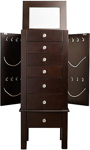 A place for everything and everything in its place—that’s just what the Hannah Jewelry Armoire will do for all your accessories. The Hannah Jewelry Armoire is the perfect home for your growing jewelry collection. Made with wood | Faceted drawer pulls | Beaded trim | Hinged lid lifts to reveal a vanity mirror, ring rolls and divided compartments | Side doors equipped with 8 necklace hooks on each side | Assembly required