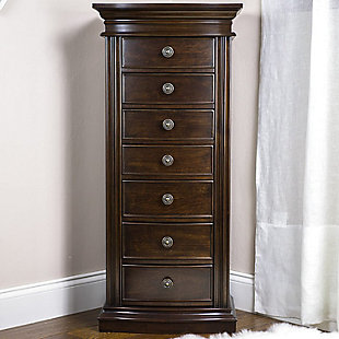Store your prized jewels in this classic Hives & Honey Landry Jewelry Armoire. Featuring an antiqued black finish, this traditional storage solution is sturdy and durable and will seamlessly enhance your home decor.Made with wood | Lined with anti-tarnish felt | Silvertone hardware | 6 pull-out drawers; 3 of which include divided compartments | Assembly required