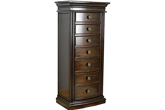 Store your prized jewels in this classic Hives & Honey Landry Jewelry Armoire. Featuring an antiqued black finish, this traditional storage solution is sturdy and durable and will seamlessly enhance your home decor.Made with wood | Lined with anti-tarnish felt | Silvertone hardware | 6 pull-out drawers; 3 of which include divided compartments | Assembly required