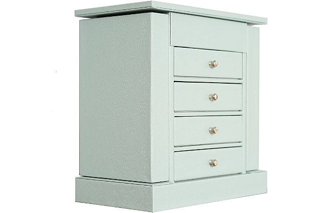 With its classic good looks, this is a jewelry chest that will have space for all that sparkles. Featuring four felt-lined drawers, it has double side doors that fold out to display  3 necklace hooks on each side and a top compartment with a mirror and ring rolls to keep rings and things chicly sorted. Made of engineered wood and finished in blue textured faux leather. Perfect size set on your bathroom counter, vanity or chest of drawers.Made of engineered wood | Includes vanity mirror and 8 rings rolls in the top compartment | 4 felt-lined pull-out drawers
