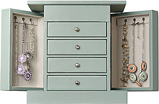With its classic good looks, this is a jewelry chest that will have space for all that sparkles. Featuring four felt-lined drawers, it has double side doors that fold out to display  3 necklace hooks on each side and a top compartment with a mirror and ring rolls to keep rings and things chicly sorted. Made of engineered wood and finished in blue textured faux leather. Perfect size set on your bathroom counter, vanity or chest of drawers.Made of engineered wood | Includes vanity mirror and 8 rings rolls in the top compartment | 4 felt-lined pull-out drawers