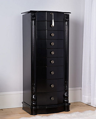 The Florence Jewelry Armoire is a Hives & Honey statement piece. Standing almost 40 inches tall with 8 pull out drawers, 3 drawers with divided compartments, all lined with anti-tarnish felt, ring rolls and two side panel doors with 10 necklace hooks in each– the Florence is sure to store your entire jewelry collection. Not to mention, the top has locking functionality that opens to reveal a vanity mirror and a cord management hole, so you can get ready and listen to your playlist before going out. Complete with the rich finish, applied by the hands of artisans in a multiple step process, this armoire looks and feels like an expensive family heirloom.Made with wood | 8 drawers fully lined with anti-tarnish felt | Doors open on both sides to display necklaces hook; each features 10 hooks on two tiers | Top locking functionality | Assembly required