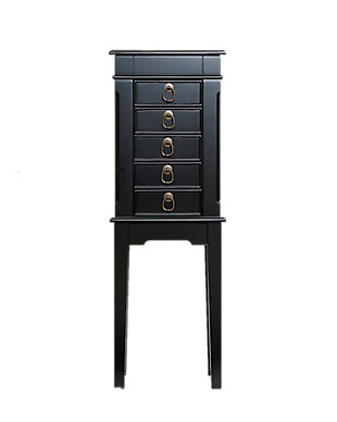 Accent your bedroom with this walnut armoire for a beautiful and classic look. Perfect for a young woman just getting her jewelry collection started. There is enough storage to organize all of your favorite items. Easily access the top compartment with a hinged lid, which open to display ring rolls, compartments and a vanity mirror. With this armoire you’ll be ready for any occasion!Made with wood | Finished in black | 5 drawers for storage; 2 with divided compartments | 2 side panels with 3 necklace hooks in each | Top is hinged and opens up to reveal a vanity mirror | Assembly required
