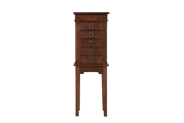 Accent your bedroom with this walnut armoire for a beautiful and classic look. Perfect for a young woman just getting her jewelry collection started. There is enough storage to organize all of your favorite items. Easily access the top compartment with a hinged lid, which open to display ring rolls, compartments and a vanity mirror. With this armoire you’ll be ready for any occasion!Made with wood | Finished in walnut | Five drawers for storage; two with divided compartments | Two side panels with 3 necklace hooks in each | The top of the armoire is hinged and opens up to reveal a vanity mirror | Assembly required