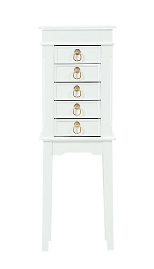 Accent your bedroom with this walnut armoire for a beautiful and classic look. Perfect for a young woman just getting her jewelry collection started. There is enough storage to organize all of your favorite items. Easily access the top compartment with a hinged lid, which open to display ring rolls, compartments and a vanity mirror. With this armoire you’ll be ready for any occasion!Made with wood | Finished in white | Five drawers for storage; two with divided compartments | Two side panels with 3 necklace hooks in each | The top of the armoire is hinged and opens up to reveal a vanity mirror | Assembly required
