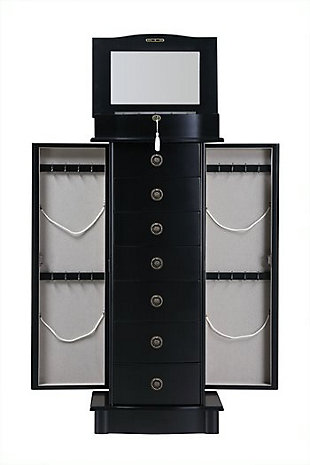 Hives and Honey's Naomi Standing Jewelry Armoire will make all of your dreams come true! Designed with tradition in mind, this stylish armoire has clean lines with thoughtful touches. The Naomi Jewelry Armoire will store your entire jewelry collection. Featuring seven pull out drawers, a vanity mirror, necklace hooks, ring rolls and a top locking compartment. Available in four colors.Made with wood | Top locking compartment | 7 pull out drawers with various storage configurations | Hinged lid opens to a vanity mirror, ring rolls and divided compartments | 2 side panels open with 8 necklace hooks in each | Assembly required