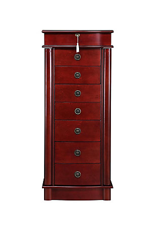 Hives and Honey's Naomi Standing Jewelry Armoire will make all of your dreams come true! Designed with tradition in mind, this stylish armoire has clean lines with thoughtful touches. The Naomi Jewelry Armoire will store your entire jewelry collection. Featuring seven pull out drawers, a vanity mirror, necklace hooks, ring rolls and a top locking compartment. Available in four colors.Made with wood | Top locking compartment | 7 pull out drawers with various storage configurations | Hinged lid opens to a vanity mirror, ring rolls and divided compartments | 2 side panels open with 8 necklace hooks in each | Assembly required