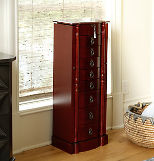 We know it’s hard to pass up that shiny new bauble, that perfect piece of eye candy, that sparkly little pretty gem. With the Robyn Jewelry Armoire, you’ll never have to deny another piece of jewelry again. Even the most extensive jewelry collection will feel right at home inside this storage armoire with the locking lid and side and drawer storage compartments. Use it to store your necklaces, earrings, rings, bracelets and anything else you want to keep safe and sound and in pristine condition. The top opens to reveal a vanity mirror, so you can get ready and take one last look before going out. The curved front, streamlined design, and stunning bronze hardware is reminiscent of Dutch design. The rich, antiqued walnut finish makes this armoire feel like an expensive family heirloom.Made of solid wood, engineered wood and solid veneer | Lined with anti-tarnish felt | Top locking functionality | Bronze-tone hardware | 9 storage drawers | Assembly required