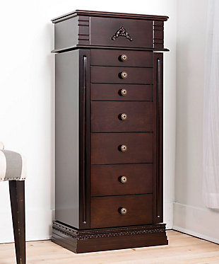 With classic walnut finish and wood texture, this standing jewelry armoire matches any home decor; beveled edge mirror & unique flower embossment add more elegance.Made with wood | 3 shallow drawers and 4 deep drawers with diverse layouts | 2 swinging doors feature 24 hooks for necklaces and 4 shelves for extra storage and additional protection, | Lid lifts to reveal a 2-layer storage compartment; top layer can be slid and removed freely to provide more space in the second layer | Assembly required
