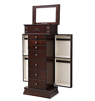 With classic walnut finish and wood texture, this standing jewelry armoire matches any home decor; beveled edge mirror & unique flower embossment add more elegance.Made with wood | 3 shallow drawers and 4 deep drawers with diverse layouts | 2 swinging doors feature 24 hooks for necklaces and 4 shelves for extra storage and additional protection, | Lid lifts to reveal a 2-layer storage compartment; top layer can be slid and removed freely to provide more space in the second layer | Assembly required