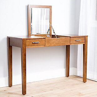 Functional and versatile, the Ainsley Vanity desk is one of those furniture pieces that transforms a room for the better. Two pull-out drawers on either side of the desk effortlessly slide open thanks to metal drawer glides, revealing plenty of space to house your beauty and study essentials. The top lid lifts to reveal a beveled Vanity mirror, and additional storage space. A built in power outlet and USB port within the top compartment provides a convenient spot for charging your devices, or plugging in beauty tools, while a cord management hole allows additional cables to remain undetected. Finished in a crisp White and adorned with silver hardware, The Ainsley Vanity desk will serve as a functional and attractive centerpiece for your bedroom.Made with wood | Rich walnut with brushed chrome-tone hardware | 2 pull-out drawers effortlessly slide on metal glides lined with anti-tarnish felt | Top lifts to reveal beveled vanity mirror and additional storage space | Built in power outlet and USB port (should be installed and/or used in accordance with appropriate electrical codes and regulations) | Assembly required