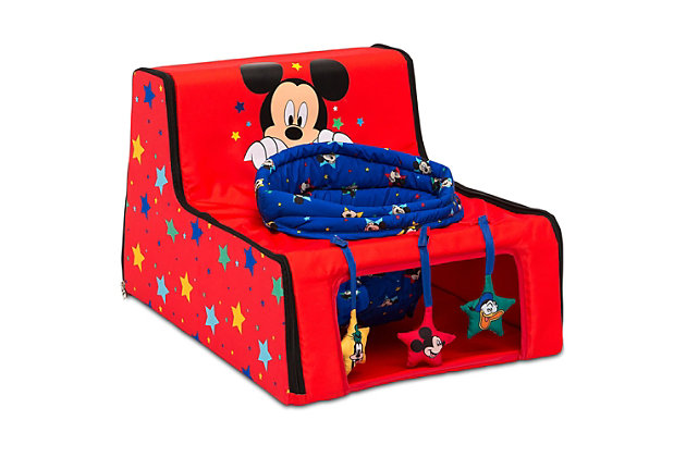 The Disney Mickey Mouse Sit N Play Portable Activity Seat by Delta Children will encourage baby to sit, interact and play at home and on the go. The supportive upright seat allows your baby to see and interact with world in absolute comfort. Your little one will love playing with the engaging Mickey Mouse-inspired toys that help increase gross motor skills, and you'll love how easy it is to clean - just remove the seat pad and pop it in the washing machine. The rest of the activity seat features water-and-stain-resistant fabric that’s easy to wipe clean. Ideal for travel, this infant floor seat features an innovative zippered design and convenient carry handle - unzip to easily fold flat in seconds. KEEPS BABY HAPPY: Made of fabric, this soft and portable activity seat supports baby in an upright position. Provides a comfy environment that will keep baby entertained at home or on the go. Allows baby to see and interact with their surroundings | FOLDS FLAT: Innovative zippered design provides quick and compact fold for space-saving storage. Attached handle and hook and loop closure makes it extremely portable | IMPROVES GROSS MOTOR SKILLS: As babies reach for the 3 Mickey Mouse toys they will increase their gross motor skills. 3 toys include a rattle, squeaker and crinkle toy | EASY TO CLEAN: Zippered seat pad is removable and machine washable. Rest of seat features water-and-stain-resistant fabric that’s easy to wipe clean | RECOMMENDED USE: For babies 6 months or older. Use only with a child who is able to hold head up unassisted until they are able to climb out or walk | For any questions regarding Delta Children products, please contact consumersupport@deltachildren.com Monday to Friday, 8:30 a.m. to 6 p.m. (EST)