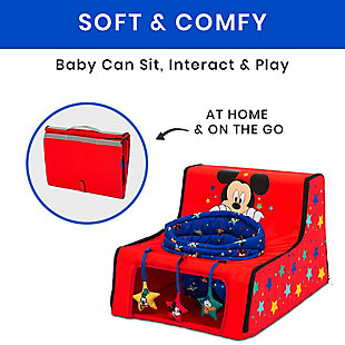 The Disney Mickey Mouse Sit N Play Portable Activity Seat by Delta Children will encourage baby to sit, interact and play at home and on the go. The supportive upright seat allows your baby to see and interact with world in absolute comfort. Your little one will love playing with the engaging Mickey Mouse-inspired toys that help increase gross motor skills, and you'll love how easy it is to clean - just remove the seat pad and pop it in the washing machine. The rest of the activity seat features water-and-stain-resistant fabric that’s easy to wipe clean. Ideal for travel, this infant floor seat features an innovative zippered design and convenient carry handle - unzip to easily fold flat in seconds. KEEPS BABY HAPPY: Made of fabric, this soft and portable activity seat supports baby in an upright position. Provides a comfy environment that will keep baby entertained at home or on the go. Allows baby to see and interact with their surroundings | FOLDS FLAT: Innovative zippered design provides quick and compact fold for space-saving storage. Attached handle and hook and loop closure makes it extremely portable | IMPROVES GROSS MOTOR SKILLS: As babies reach for the 3 Mickey Mouse toys they will increase their gross motor skills. 3 toys include a rattle, squeaker and crinkle toy | EASY TO CLEAN: Zippered seat pad is removable and machine washable. Rest of seat features water-and-stain-resistant fabric that’s easy to wipe clean | RECOMMENDED USE: For babies 6 months or older. Use only with a child who is able to hold head up unassisted until they are able to climb out or walk | For any questions regarding Delta Children products, please contact consumersupport@deltachildren.com Monday to Friday, 8:30 a.m. to 6 p.m. (EST)