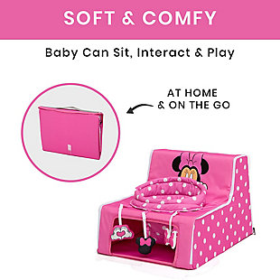 The Disney Minnie Mouse Sit N Play Portable Activity Seat by Delta Children will encourage baby to sit, interact and play at home and on the go. The supportive upright seat allows your baby to see and interact with world in absolute comfort. Your little one will love playing with the engaging Minnie Mouse-inspired toys that help increase gross motor skills, and you'll love how easy it is to clean - just remove the seat pad and pop it in the washing machine. The rest of the activity seat features water-and-stain-resistant fabric that’s easy to wipe clean. Ideal for travel, this infant floor seat features an innovative zippered design and convenient carry handle - unzip to easily fold flat in seconds.KEEPS BABY HAPPY: Made of fabric, this soft and portable activity seat supports baby in an upright position. Provides a comfy environment that will keep baby entertained at home or on the go. Allows baby to see and interact with their surroundings | FOLDS FLAT: Innovative zippered design provides quick and compact fold for space-saving storage. Attached handle and hook and loop closure makes it extremely portable | IMPROVES GROSS MOTOR SKILLS: As babies reach for the 3 Minnie Mouse toys they will increase their gross motor skills. 3 toys include a rattle, squeaker and crinkle toy | EASY TO CLEAN: Zippered seat pad is removable and machine washable. Rest of seat features water-and-stain-resistant fabric that’s easy to wipe clean | RECOMMENDED USE: For babies 6 months or older. Use only with a child who is able to hold head up unassisted until they are able to climb out or walk | For any questions regarding Delta Children products, please contact consumersupport@deltachildren.com Monday to Friday, 8:30 a.m. to 6 p.m. (EST)