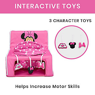 The Disney Minnie Mouse Sit N Play Portable Activity Seat by Delta Children will encourage baby to sit, interact and play at home and on the go. The supportive upright seat allows your baby to see and interact with world in absolute comfort. Your little one will love playing with the engaging Minnie Mouse-inspired toys that help increase gross motor skills, and you'll love how easy it is to clean - just remove the seat pad and pop it in the washing machine. The rest of the activity seat features water-and-stain-resistant fabric that’s easy to wipe clean. Ideal for travel, this infant floor seat features an innovative zippered design and convenient carry handle - unzip to easily fold flat in seconds.KEEPS BABY HAPPY: Made of fabric, this soft and portable activity seat supports baby in an upright position. Provides a comfy environment that will keep baby entertained at home or on the go. Allows baby to see and interact with their surroundings | FOLDS FLAT: Innovative zippered design provides quick and compact fold for space-saving storage. Attached handle and hook and loop closure makes it extremely portable | IMPROVES GROSS MOTOR SKILLS: As babies reach for the 3 Minnie Mouse toys they will increase their gross motor skills. 3 toys include a rattle, squeaker and crinkle toy | EASY TO CLEAN: Zippered seat pad is removable and machine washable. Rest of seat features water-and-stain-resistant fabric that’s easy to wipe clean | RECOMMENDED USE: For babies 6 months or older. Use only with a child who is able to hold head up unassisted until they are able to climb out or walk | For any questions regarding Delta Children products, please contact consumersupport@deltachildren.com Monday to Friday, 8:30 a.m. to 6 p.m. (EST)