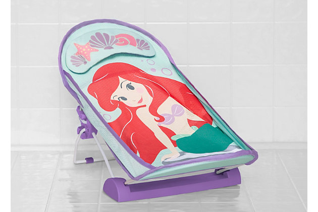 Make them as comfy and safe as possible with this Disney The Little Mermaid Baby Bather by Delta Children. The bather's soft mesh material is gentle on baby's delicate skin and is easy to clean - the slightly inclined design ensures your baby is in a secure position throughout bath time. Additional padding decorated with shells and starfish provides the head support your little one needs. Use it in your sink or bath tub. The bather's compact fold is convenient for storage or travel.EASY TO CLEAN: Made of metal, plastic and fabric, the soft mesh material is gentle on baby's delicate skin and easy to clean | SUPPORTIVE DESIGN: Additional padding at the top provides needed support. The bather's incline keeps baby in a secure and comfortable position during bath time | FITS IN SINKS AND BATH TUBS: Great alternative to bulky baby bath tub, this bather easily fits in your sink or tub without taking up a lot of space | RECOMMENDED USE: Ideal for infants 0 to 6 months. Holds up to 20 lbs.. Use this bather until baby is sitting up unassisted | COMPACT FOLD: Assembly required. Bather easily folds for storage or travel | For any questions regarding Delta Children products, please contact consumersupport@deltachildren.com Monday to Friday, 8:30 a.m. to 6 p.m. (EST)