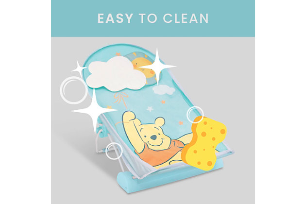 This Disney Winnie the Pooh Baby Bather by Delta Children is a cozy and safe option for "tubby little cubby". The bather's soft mesh material is gentle on baby's delicate skin and is easy to clean-the slightly inclined design ensures your baby is in a secure position throughout bath time. Additional padding at the top provides the head support your little one needs. Use it in your sink or bath tub. The bather's compact fold is convenient for storage or travel. EASY TO CLEAN: Made of metal, plastic and fabric, the soft mesh material is gentle on baby's delicate skin and easy to clean | SUPPORTIVE DESIGN: Additional padding at the top provides needed support. The bather's incline keeps baby in a secure and comfortable position during bath time | FITS IN SINKS AND BATH TUBS: Great alternative to bulky baby bath tub, this bather easily fits in your sink or tub without taking up a lot of space | RECOMMENDED USE: Ideal for infants 0 to 6 months. Holds up to 20 lbs.. Use this bather until baby is sitting up unassisted | COMPACT FOLD: Assembly required. Bather easily folds for storage or travel | For any questions regarding Delta Children products, please contact consumersupport@deltachildren.com Monday to Friday, 8:30 a.m. to 6 p.m. (EST)