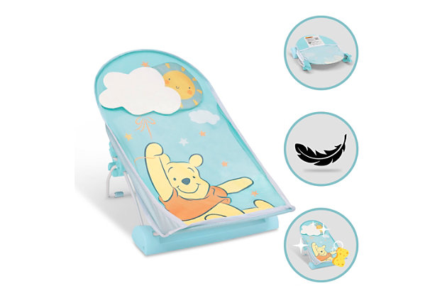 This Disney Winnie the Pooh Baby Bather by Delta Children is a cozy and safe option for "tubby little cubby". The bather's soft mesh material is gentle on baby's delicate skin and is easy to clean-the slightly inclined design ensures your baby is in a secure position throughout bath time. Additional padding at the top provides the head support your little one needs. Use it in your sink or bath tub. The bather's compact fold is convenient for storage or travel.EASY TO CLEAN: Made of metal, plastic and fabric, the soft mesh material is gentle on baby's delicate skin and easy to clean | SUPPORTIVE DESIGN: Additional padding at the top provides needed support. The bather's incline keeps baby in a secure and comfortable position during bath time | FITS IN SINKS AND BATH TUBS: Great alternative to bulky baby bath tub, this bather easily fits in your sink or tub without taking up a lot of space | RECOMMENDED USE: Ideal for infants 0 to 6 months. Holds up to 20 lbs.. Use this bather until baby is sitting up unassisted | COMPACT FOLD: Assembly required. Bather easily folds for storage or travel | For any questions regarding Delta Children products, please contact consumersupport@deltachildren.com Monday to Friday, 8:30 a.m. to 6 p.m. (EST)