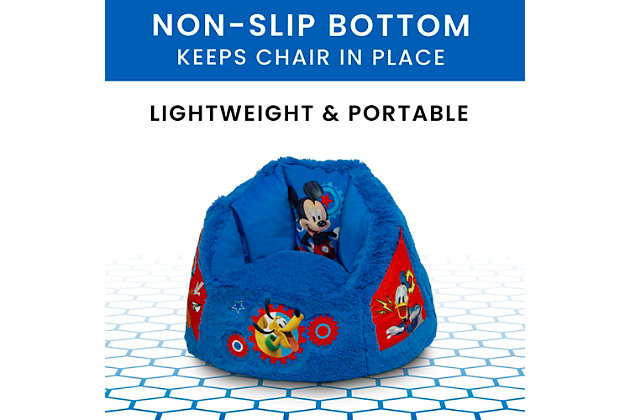 This Mickey Mouse Cozee Fluffy Chair by Delta Children will add friendly character to any space. Featuring colorful graphics of Mickey and all of his friends, this magical kids' chair with pockets on both sides is the cutest and most convenient seating option for your little one. Stuffed with a shredded foam that contours to your child's body, it delivers more comfort and support than traditional bean bag chairs. The perfect chair for reading, playing or snuggling, the plush faux fur cover and supportive back help give kids an oh-so-cozy spot to call their own, and its lightweight design means it can go anywhere your child goes. The innovative foam construction will keep its shape for long-lasting use that will accommodate to your child's needs, year after year. Plus, the chair's non-slip bottom ensures it stays in place. It's the perfect chair for your playroom, bedroom or living room.PREMIUM MATERIALS: Generous foam filling is durable and will keep its shape longer than a traditional bean bag chair. Supportive back and seat surround your child in comfort. Non-slip bottom keeps chair in place | COZY FEEL: Plush, sensory-friendly cover is super-soft. Non-crinkly design is quieter than bean bag chair. Machine washable cover - wash before use. Once unboxed chair expands 5x (may take 24 hours to expand) | FOR MICKEY MOUSE FANS: Chair features cool Mickey Mouse graphics, pockets on each side and embroidered detailing on the front | PORTABLE + VERSATILE COMFORT: Lightweight chair can be moved from room to room. Comfier than a bean bag chair. Great for bedrooms, playrooms, basements, gaming, studying or dorm rooms. Recommended for ages 2 to 6 years (holds up to 60 lbs.) | CHILD SAFE ZIPPER: To prevent kids from opening the chair, we use a childproof zipper that comes without a pull, it can only be opened using a paperclip. Chair meets or exceeds government and ASTM safety standards | For any questions regarding Delta Children products, please contact consumersupport@deltachildren.com Monday to Friday, 8:30 a.m. to 6 p.m. (EST)