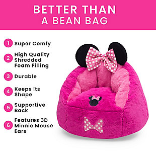 This Minnie Mouse Cozee Figural Chair by Delta Children is simply ear-resistible. Featuring Minnie’s signature bow and polka dot detailing, this magical kids' chair with three dimensional ears on top is the cutest seating option for your little one. Stuffed with a shredded foam that contours to your child's body, it delivers more comfort and support than traditional bean bag chairs. The perfect chair for reading, playing or snuggling, the plush faux fur cover and supportive back help give kids an oh-so-cozy spot to call their own, and its lightweight design means it can go anywhere your child goes. The innovative foam construction will keep its shape for long-lasting use that will accommodate to your child's needs, year after year. Plus, the chair's non-slip bottom ensures it stays in place. It's the perfect chair for your playroom, bedroom or living room.PREMIUM MATERIALS: Generous foam filling is durable and will keep its shape longer than a traditional bean bag chair. Supportive back and seat surround your child in comfort. Non-slip bottom keeps chair in place | COZY FEEL: Plush, sensory-friendly cover is super-soft. Non-crinkly design is quieter than bean bag chair. Machine washable cover - wash before use. Once unboxed chair expands 5x (may take 24 hours to expand) | FOR MINNIE MOUSE FANS: Chair features cool Minnie Mouse graphics, three dimensional ears and embroidered detailing on the front | PORTABLE + VERSATILE COMFORT: Lightweight chair can be moved from room to room. Comfier than a bean bag chair. Great for bedrooms, playrooms, basements, gaming, studying or dorm rooms. Recommended for ages 2 to 6 years (holds up to 60 lbs.) | CHILD SAFE ZIPPER: To prevent kids from opening the chair, we use a childproof zipper that comes without a pull, it can only be opened using a paperclip. Chair meets or exceeds government and ASTM safety standards | For any questions regarding Delta Children products, please contact consumersupport@deltachildren.com Monday to Friday, 8:30 a.m. to 6 p.m. (EST)