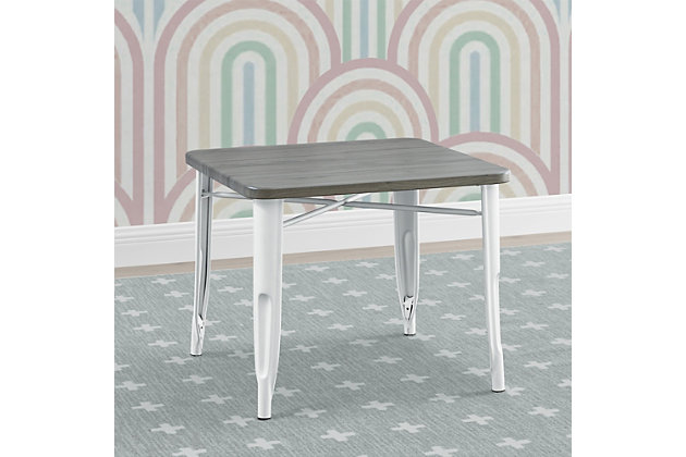 The perfect foundation for fun and learning, the Bistro Table from Delta Children features a printed wood grain top that sits on top of painted metal legs. Whether your child uses it for art projects, tea parties, snack time or homework, this kids play table will enhance their sense of wonder no matter what activity they use it for. Sized just right for your growing child - the generous 20-inch height of this sturdy play table ensures it can be used for many years. The table’s fun mixed material construction will complement existing bedroom, playroom or living room decor, easily allowing you to create a space that works for kids and adults alike. Rubber feet on table’s legs protect the floor from scratches. Recommended for ages 3 and older.QUALITY MATERIAL: Made of metal and TSCA compliant engineered wood. For indoor use only. Durable and easy to clean finish; wipe with damp cloth and dry immediately | COORDINATING ITEMS: Pair this table with the matching 2pc chair set to complete your set, sold separately | SAFE OPTION: We know chemicals have no place in your house, so our finishes are tested for lead and other toxic elements to meet or exceed government and ASTM safety standards. Rubber feet to protect floor surfaces  | ASSEMBLY: Assembly for this table is required | For any questions regarding Delta Children products, please contact consumersupport@deltachildren.com Monday to Friday, 8:30 a.m. to 6 p.m. (EST)