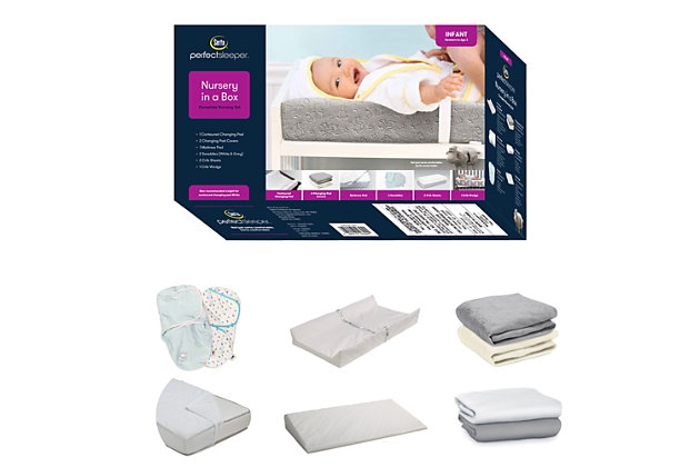 Make preparing for your baby or sending a baby shower gift as easy as 1-2-3 with this 9-Piece Nursery-in-a-Box Newborn Baby Gift Set by Serta. This convenient set includes essential items to keep baby comfortable: two swaddles made of 100% cotton (one small, one large), a contoured changing pad, two plush changing pad covers, two crib sheets, a waterproof crib mattress pad and a crib wedge to help babies with acid reflux or congestion. Packed in an easily giftable box, this Nursery-in-a-Box is the ideal gift for parents-to-be.  PREMIUM SET OF BABY ESSENTIALS: This baby gift set includes 9 newborn must-haves from a brand you trust: 2 swaddles (1 small, 1 large), 1 changing pad, 2 changing pad covers, 2 crib sheets, 1 crib mattress pad, 1 crib wedge | GREAT GIFT FOR BOYS OR GIRLS: Made of foam, fabric and vinyl, this gender-neutral gift set includes the most popular items for welcoming a new baby and comes in an easily giftable box for baby showers/parents-to-be | COMFORTS NEWBORNS: Swaddles create a cozy, womb-like feeling and help prevent startle reflex that can wake your infant-set includes 2 swaddle sizes to accommodate growing babies; the crib wedge helps babies with acid reflux or congestion | EASY TO CLEAN: The swaddles, crib sheets, mattress pad and changing pad covers all are machine washable; waterproof changing pad and mattress pad cover help keep nursery clean and fresh | For any questions regarding Delta Children products, please contact consumersupport@deltachildren.com Monday to Friday, 8:30 a.m. to 6 p.m. (EST)