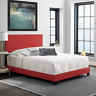 Chic and modern, this bed frame is completely upholstered and padded for a premium look and feel. Headboard features vertical stitch detail in the center. This bed will effortlessly complete the look of any bedroom. Built to last, this bed features heavy-duty construction with a 4 cross-slat system, and center support legs that easily support up to 700 lbs. You will need a box spring or foundation with this bed frame. 1 Year limited warranty.Upholstered platform bed | Clean, modern design | Requires a box spring or foundation | Assembles in under 15 minutes. Hardware and instructions included | Ships in 1 box to easily fit through doorways, hallways or stairwells | Headboard height: 46" | Supports up to 700 lbs. | 1 Year Warranty
