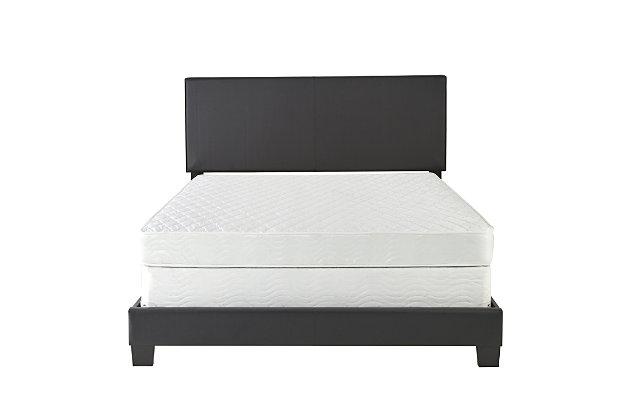 Chic and modern, this bed frame is completely upholstered and padded for a premium look and feel. Headboard features vertical stitch detail in the center. This bed will effortlessly complete the look of any bedroom. Built to last, this bed features heavy-duty construction with a 4 cross-slat system, and center support legs that easily support up to 700 lbs. You will need a box spring or foundation with this bed frame. 1 Year limited warranty.Upholstered platform bed | Clean, modern design | Requires a box spring or foundation | Assembles in under 15 minutes. Hardware and instructions included | Ships in 1 box to easily fit through doorways, hallways or stairwells | Headboard height: 46" | Supports up to 700 lbs. | 1 Year Warranty