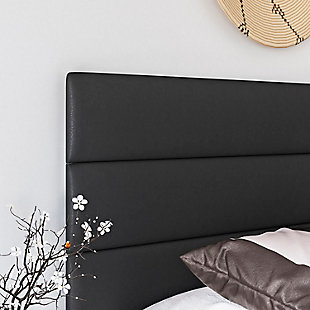 Clean, modern lines define this upholstered bed frame, making it the showpiece in any setting. The horizontal lines of the tri-panel headboard create a linear design concept you can easily accentuate with your favorite decor. Manufactured with high quality materials, the entire bed is upholstered and slightly padded for a premium look and feel. Block-style legs around the perimeter partner with the center support legs for incredible structural stability. The frame includes 4 cross slats with center support legs that require a box spring or foundation under your mattress. Supports up to 700 lbs. 

Assembles in under 15 minutes. All hardware is included, conveniently zipped up in the back of the headboard. Entire bed ships in 1 box for easy transport. Limited 1 Year Warranty.Upholstered and padded bed frame | Tri-panel headboard | Requires box spring or foundation | Assembles in under 15 minutes. Hardware and instructions included | Ships in 1 box to easily fit through doorways, hallways or stairwells | Headboard height: 49" | Supports up to 700 lbs. | 1 Year Warranty