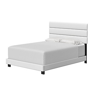 Clean, modern lines define this upholstered bed frame, making it the showpiece in any setting. The horizontal lines of the tri-panel headboard create a linear design concept you can easily accentuate with your favorite decor. Manufactured with high quality materials, the entire bed is upholstered and slightly padded for a premium look and feel. Block-style legs around the perimeter partner with the center support legs for incredible structural stability. The frame includes 4 cross slats with center support legs that require a box spring or foundation under your mattress. Supports up to 700 lbs. 

Assembles in under 15 minutes. All hardware is included, conveniently zipped up in the back of the headboard. Entire bed ships in 1 box for easy transport. Limited 1 Year Warranty.Upholstered and padded bed frame | Tri-panel headboard | Requires box spring or foundation | Assembles in under 15 minutes. Hardware and instructions included | Ships in 1 box to easily fit through doorways, hallways or stairwells | Headboard height: 49" | Supports up to 700 lbs. | 1 Year Warranty