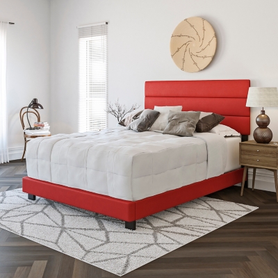 Brayan Queen Upholstered Faux Leather Platform Bed, Red, large