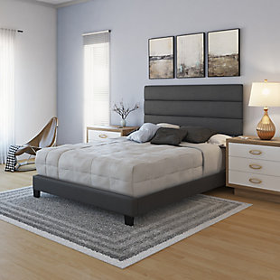 Clean, modern lines define this upholstered platform bed, making it the showpiece in any setting. The horizontal lines of the tri-panel headboard create a linear design concept you can easily accentuate with your favorite decor. Manufactured with high quality materials, the entire bed is upholstered and slightly padded for a premium look and feel. Block-style legs around the perimeter partner with the center support legs for incredible structural stability. The frame includes 13 cross slats with center support legs. No box spring or foundation needed. Supports up to 700 lbs. 

Assembles in under 15 minutes. All hardware is included, conveniently zipped up in the back of the headboard. Entire bed ships in 1 box for easy transport. Limited 1 Year Warranty.Upholstered and padded platform bed | Tri-panel headboard | No box spring or foundation required | Assembles in under 15 minutes. Hardware and instructions included | Ships in 1 box to easily fit through doorways, hallways or stairwells | Headboard height: 49" | Supports up to 700 lbs. | 1 Year Warranty